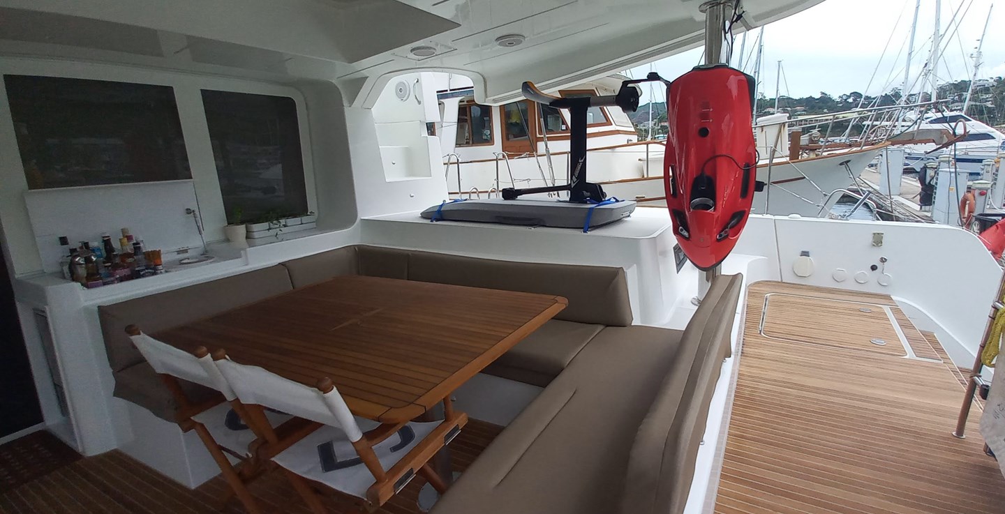 Amea Lagoon 52F cockpit looking aft to stb