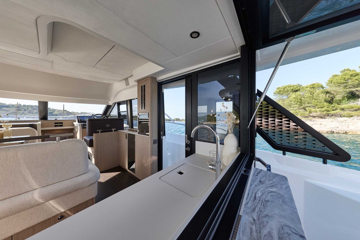 Standing at the cockpit bar looking into the galley